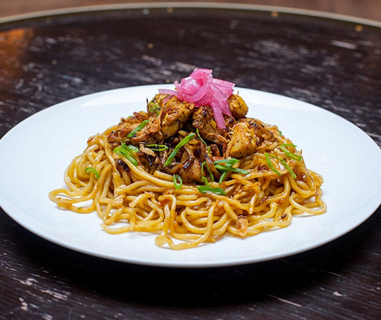 Starry Kitchen x Mayer Hawthorne album giveaway garlic noods picture with lemongrass chicken and pickled red onions